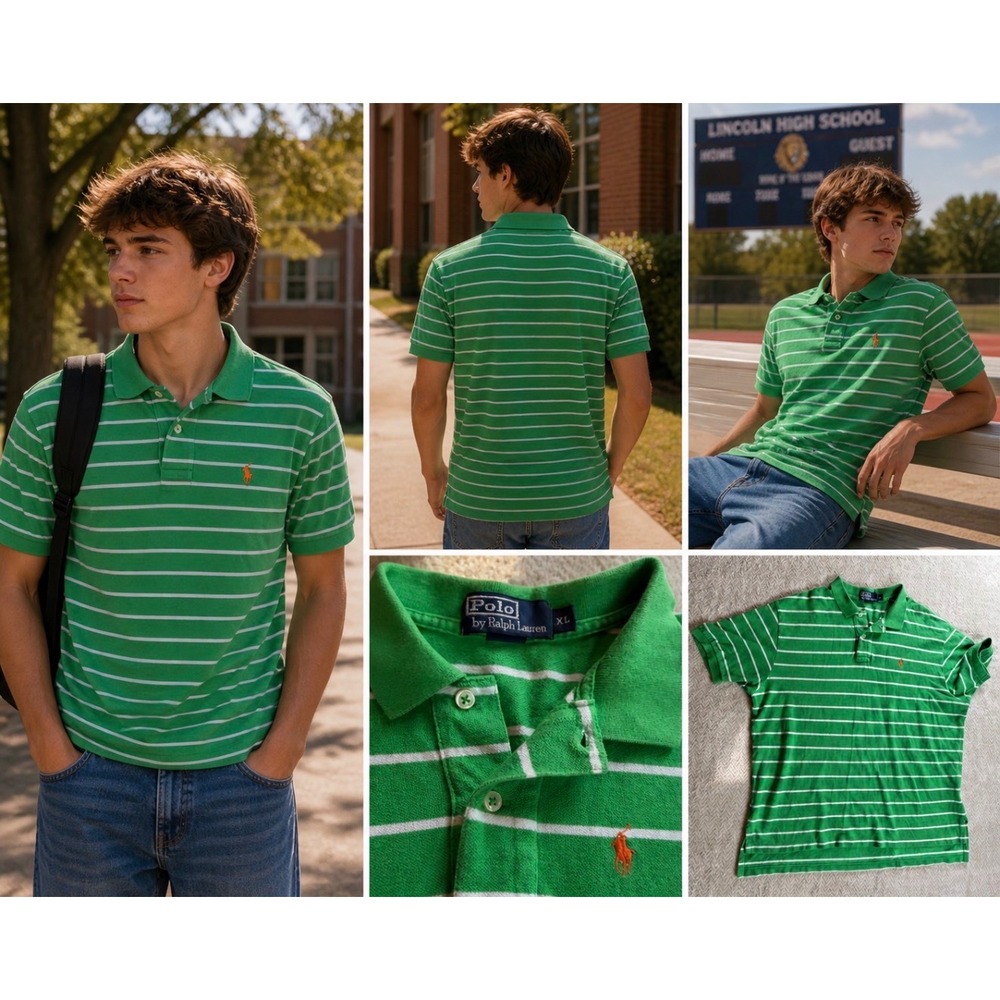 Polo Ralph Lauren Mens XL Green White Striped Short Sleeve Pique Polo Shirt